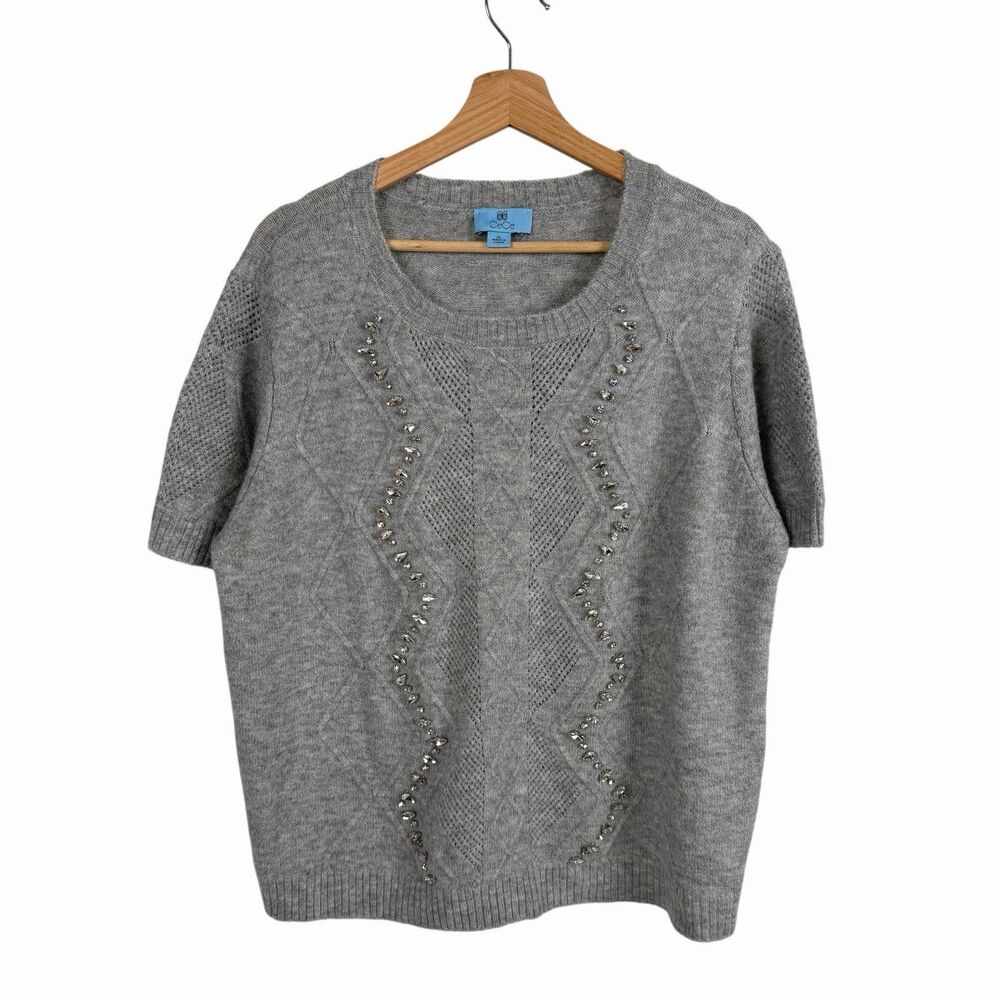 CeCe Sweater Womens XL Gray Beaded Rhinestone Short Sleeve Scoop Neck Knit Top